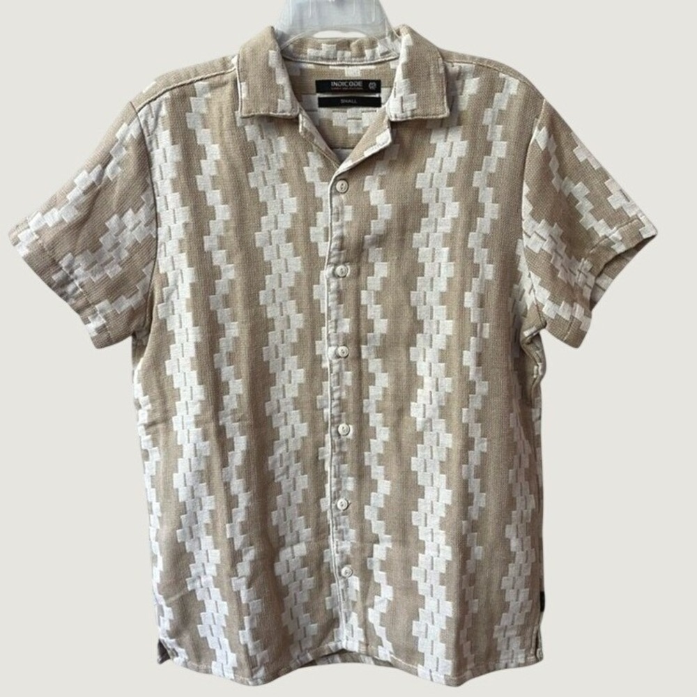 Indicode Mens Tan White Geometric Knit Short Sleeve Button Up Shirt Small